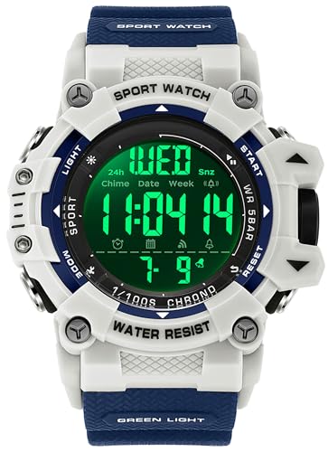 findtime Militär Sportuhr Herren Große Zifferblatt Display Digitaluhr Outdoor Taktische Armbanduhr Design Herrenuhr Wasserdicht mit Stoppuhr Countdown Beleuchtung Weiß Blau von findtime