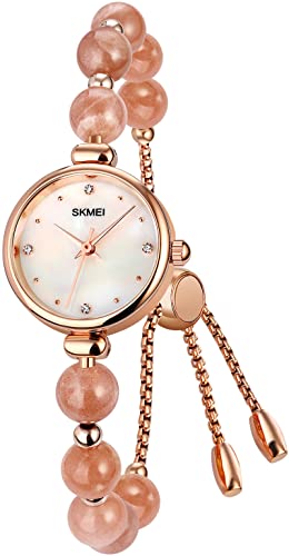 findtime Perlen Armbanduhr Damen Schmuck Elegant, Bracelet Armreif Armkette Rosa Uhren Design Women Strass Analog Quarz Armbanduhr Spangenuhr für Frauen Liebhaber Freundin von findtime