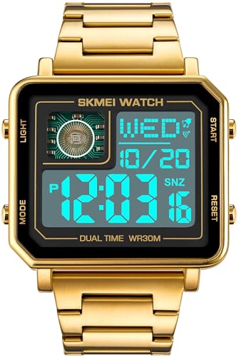 findtime Quadratische Herren Uhr Digital Gold Edelstahl Armbanduhr mit Doppelzeit Timer Stoppuhr Luxus Business Quarzuhr Vintage Retro Design von findtime