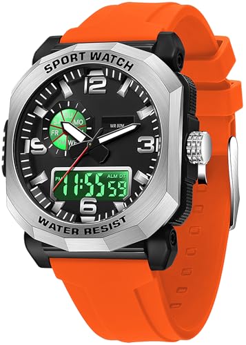 findtime Quadratisches Orange Herrenuhr Großes Zifferblatt mit Digital Analog Doppelzeit Designer Uhren für Männer Sportliche Elektronische Armbanduhren von findtime