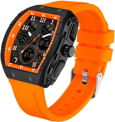 findtime Rechteckige Herrenuhr Cooles Design Kreative Herren Uhren Digital Analog Quarz Armbanduhr mit Doppelzeit Timer Stoppuhr 5ATM Wasserdicht Orange Sportuhr von findtime