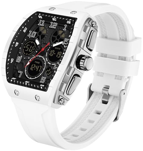 findtime Rechteckige Herrenuhr Cooles Design Kreative Herren Uhren Digital Analog Quarz Armbanduhr mit Doppelzeit Timer Stoppuhr 5ATM Wasserdicht Weiß Sportuhr von findtime