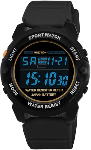 findtime Schwarz Digitaluhr Damen Unisex Digital Armbanduhr mit Stoppuhr Kalender Wecker LED Uhr für Jugendliche Jungen Mädchen von findtime