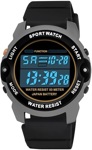 findtime Schwarz Digitaluhr Damen Unisex Digital Armbanduhr mit Stoppuhr Kalender Wecker LED Uhr für Jugendliche Jungen Mädchen von findtime