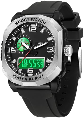 findtime Schwarz Herrenuhr Quadratisches Großes Zifferblatt mit Digital Analog Doppelzeit Designer Uhren für Männer Sportliche Elektronische Armbanduhren Silber von findtime