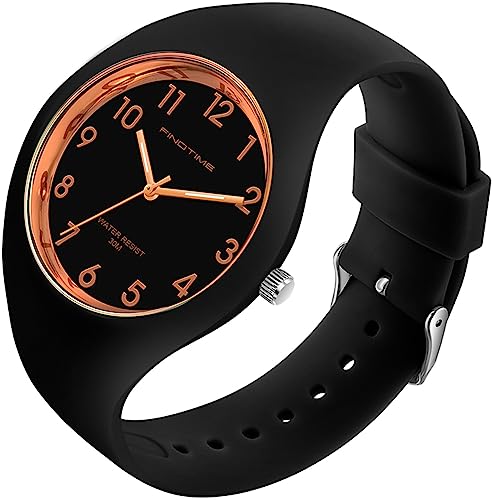 findtime Schwarz Jelly Armbanduhr Damen für Frauen Studenten Mädchen Jungs Minimalistisch Bunte Analog Quarz Damenuhr Weich Silikon Armband von findtime