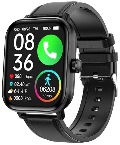 Smartwatch Herren Damen mit Telefonfunktion Schlafmonitor Schrittzähler 1.83" Zoll HD Fitnessuhr für iOS Android Schwarz Leder Armbanduhr von findtime