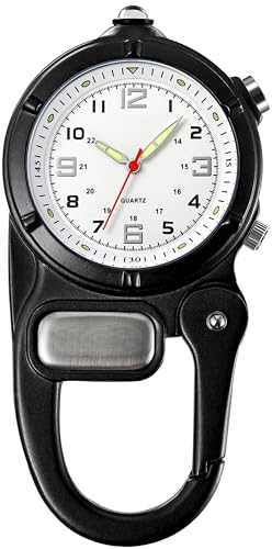 findtime Taschenuhr mit Karabiner Taschenlampe, Karabineruhren mit Clip Unisex Krankenschwester Analog Quarz Uhren Clip On für Kletterer Sport Outdoor Aktivitäten Schwarz von findtime