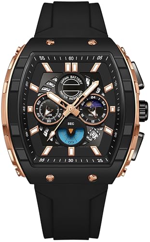 findtime Tonneau Uhren für Herren, Chronograph, Datum, leuchtende Armbanduhr mit weißem Silikonband, analog, Quarz, Herren-Armbanduhr, Business-Casual-Kleid, Designer, schwarz rosegold, Casual von findtime