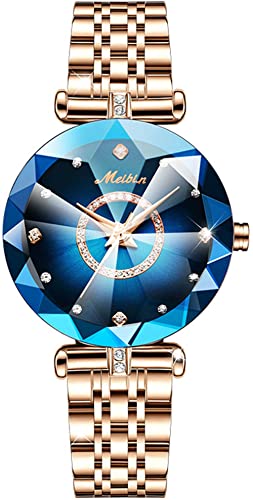 Uhr Damen Analog Quarz Armbanduhren Gold Klassische Mode Damenuhr Edelstahlarmband Blaues Zifferblatt Blume 3ATM Wasserdicht Elegant Armreif Frauen Diamant Designer von findtime