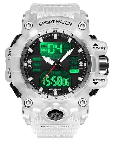 findtime Uhren Herren Digital Herrenuhren Transparent Weiß Armbanduhr für Männer Jungen Einzigartiges Taktisches Militärisches Design mit LED Timer Silikonarmband von findtime