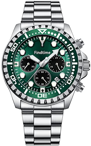 findtime Uhren Herren Gold Luxus Mode Stilvolle Uhr für Männer Design Armbanduhr Edelstahl Grün Chronograph Herrenuhr Analog Quarzuhr Datum Wasserdicht von findtime