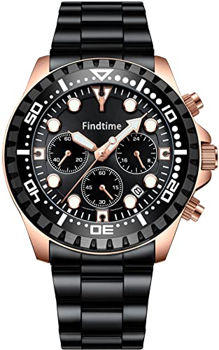 findtime Uhren Herren Schwarz Luxus Mode Stilvolle Design Armbanduhr Edelstahl Chronograph Herrenuhr Analog Quarzuhr Datum 3ATM Wasserdicht Uhr für Männer von findtime