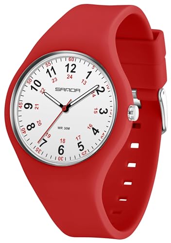 findtime Uhren für Damen, analog, Sportuhr, wasserdicht, Silikon, Quarzuhr, lässig, einfach, Krankenschwester, leicht zu lesen, arabische Ziffern, Mädchen und Damen, rot, Armband von findtime