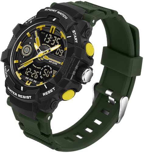 findtime Uhren für Herren Jungen Kinder, Analog Digital Quarz Grün Armbanduhr mit Alarm/Stoppuhr/Zwei Zeitzonen/LED 5 ATM Wasserdicht Sportuhren für Männer von findtime