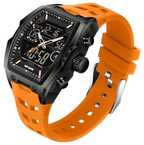 findtime Uhren für Herren Sportuhr Wasserdicht Analog Alarm Stoppuhr Countdown Digital Einzigartiges Tonneau Design Dual Time Display Punk Stil Silikon Armband, Orange, Armband findtime Uhren für Herren Sportuhr Wasserdicht Analog Alarm Stoppuhr Countdown Digital Einzigartiges Tonneau Design Dual Time Display Punk Stil Silikon Armband, Orange, Armband von findtime