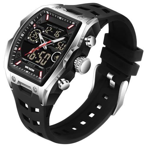 findtime Uhren für Herren Sportuhr Wasserdicht Analog Alarm Stoppuhr Countdown Digital Einzigartiges Tonneau Design Dual Time Display Punk Stil Silikon Armband, silber, schwarz, Armband von findtime