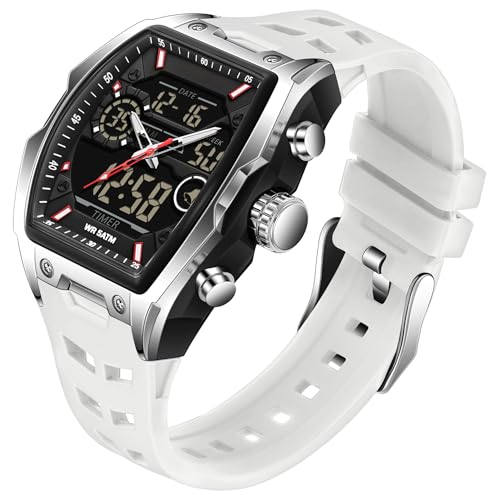 findtime Uhren für Herren Sportuhr Wasserdicht Analog Alarm Stoppuhr Countdown Digital Einzigartiges Tonneau Design Dual Time Display Punk Stil Silikon Armband, weiß, Armband von findtime