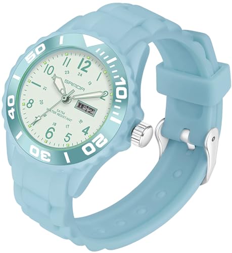 findtime wasserdichte Damen Uhr für Frauen Mädchen Studenten Blau Candy Farbe Silikonband 24 Stunden mit Sekundenzeiger Farbiges Arabische Ziffern Analog Quarzuhr mit Datum Woche von findtime