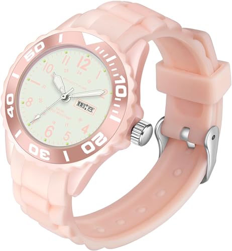 findtime wasserdichte Damen Uhr für Frauen Mädchen Studenten Candy Farbe Silikonband 24 Stunden mit Sekundenzeiger Farbiges Arabische Ziffern Analog Rosa Quarzuhr mit Datum Woche von findtime