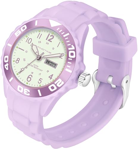 findtime wasserdichte Damen Uhr für Frauen Mädchen Studenten Lila Candy Farbe Silikonband 24 Stunden mit Sekundenzeiger Farbiges Arabische Ziffern Analog Quarzuhr mit Datum Woche Violett von findtime