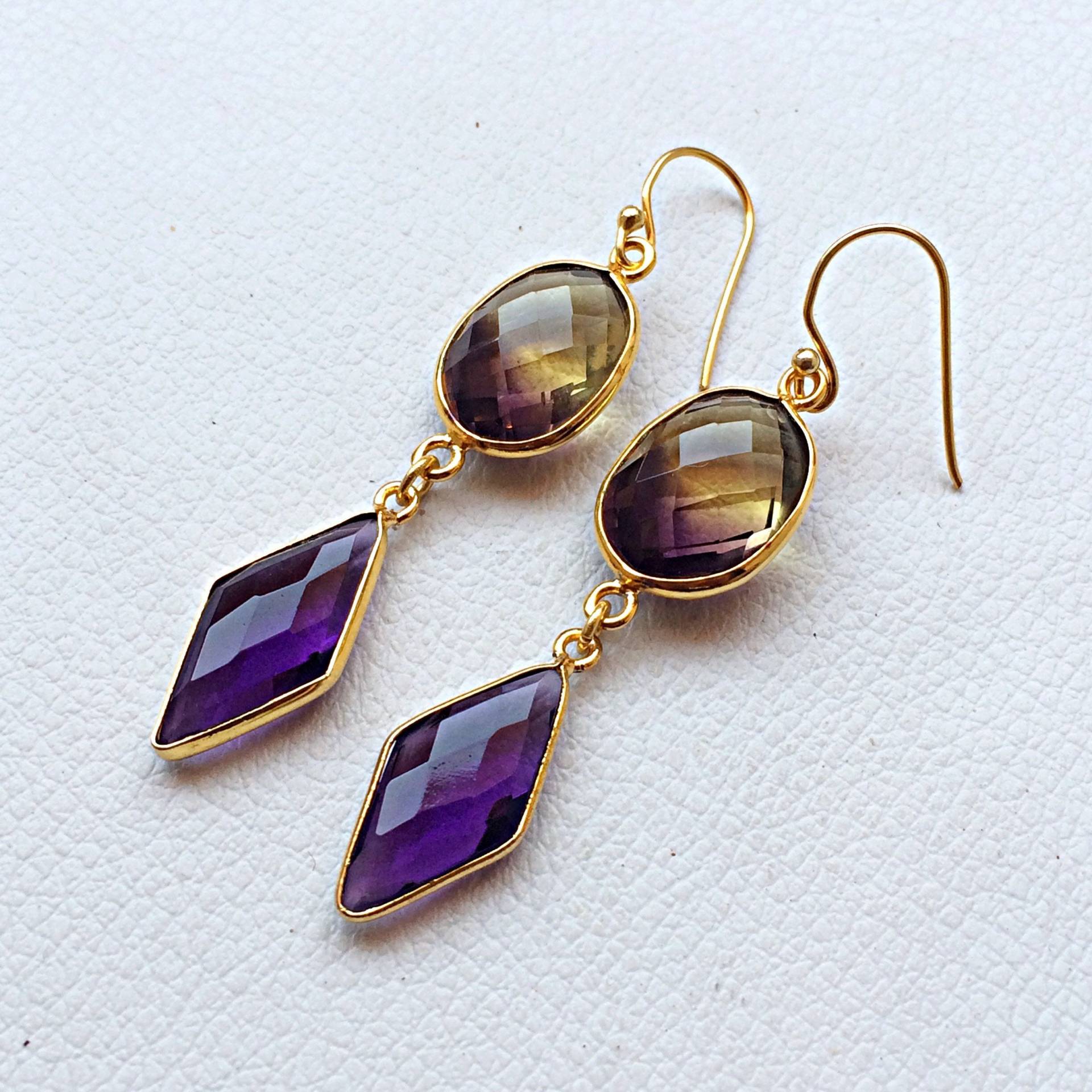 24 Ct. Vergoldeter Ohrring Mit Facettiertem Hydro Ametrin, Amethyst Edelstein Ohrschmuck Für Mädchen Weihnachtsgeschenk von finegemstone