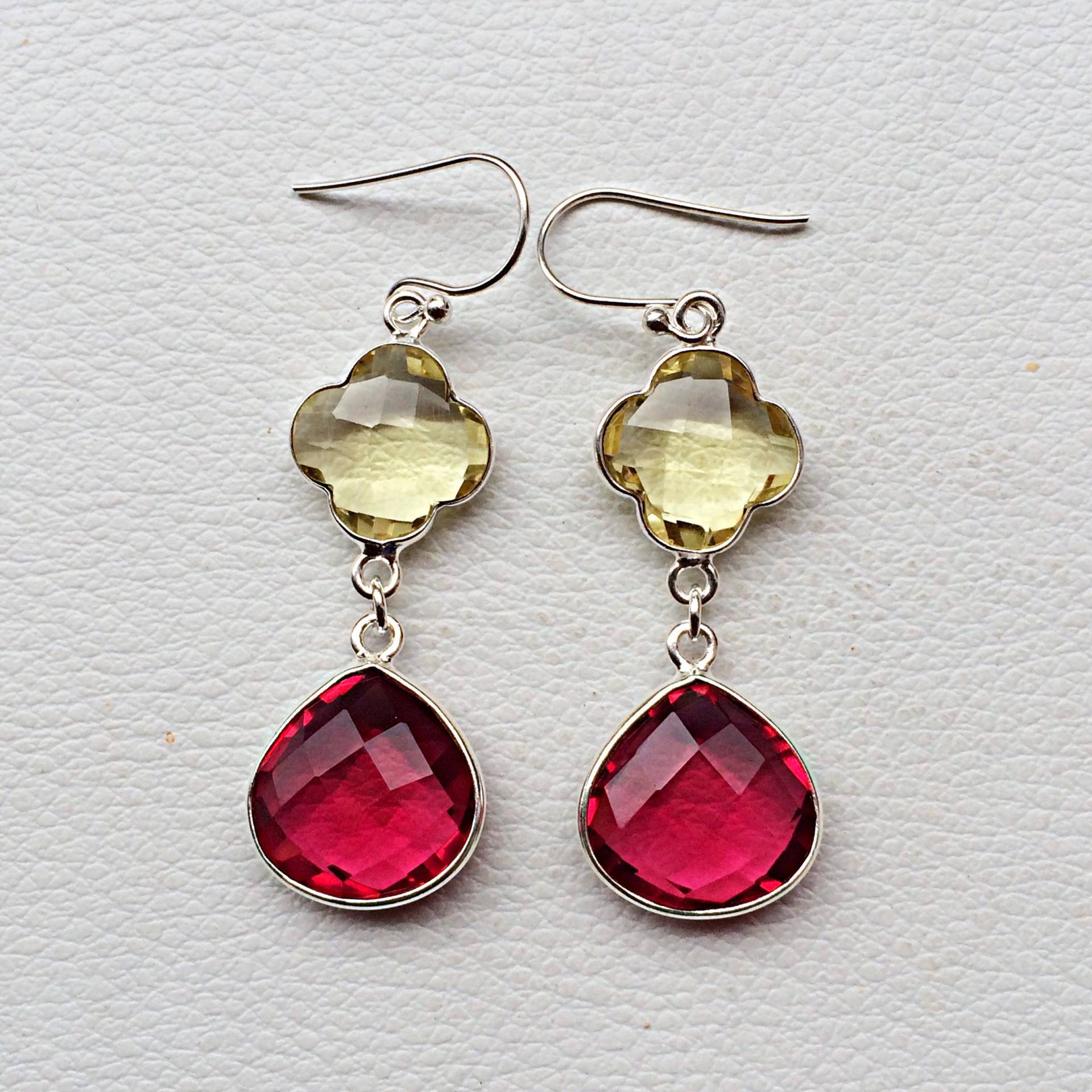 Fuchsia Rosa Quarz Und Zitronen Gelb Facettierte Stein Silber Ohrring Paar Moderner Stil Leichter Schmuck Für Mädchen Verlobungsgeschenk von finegemstone