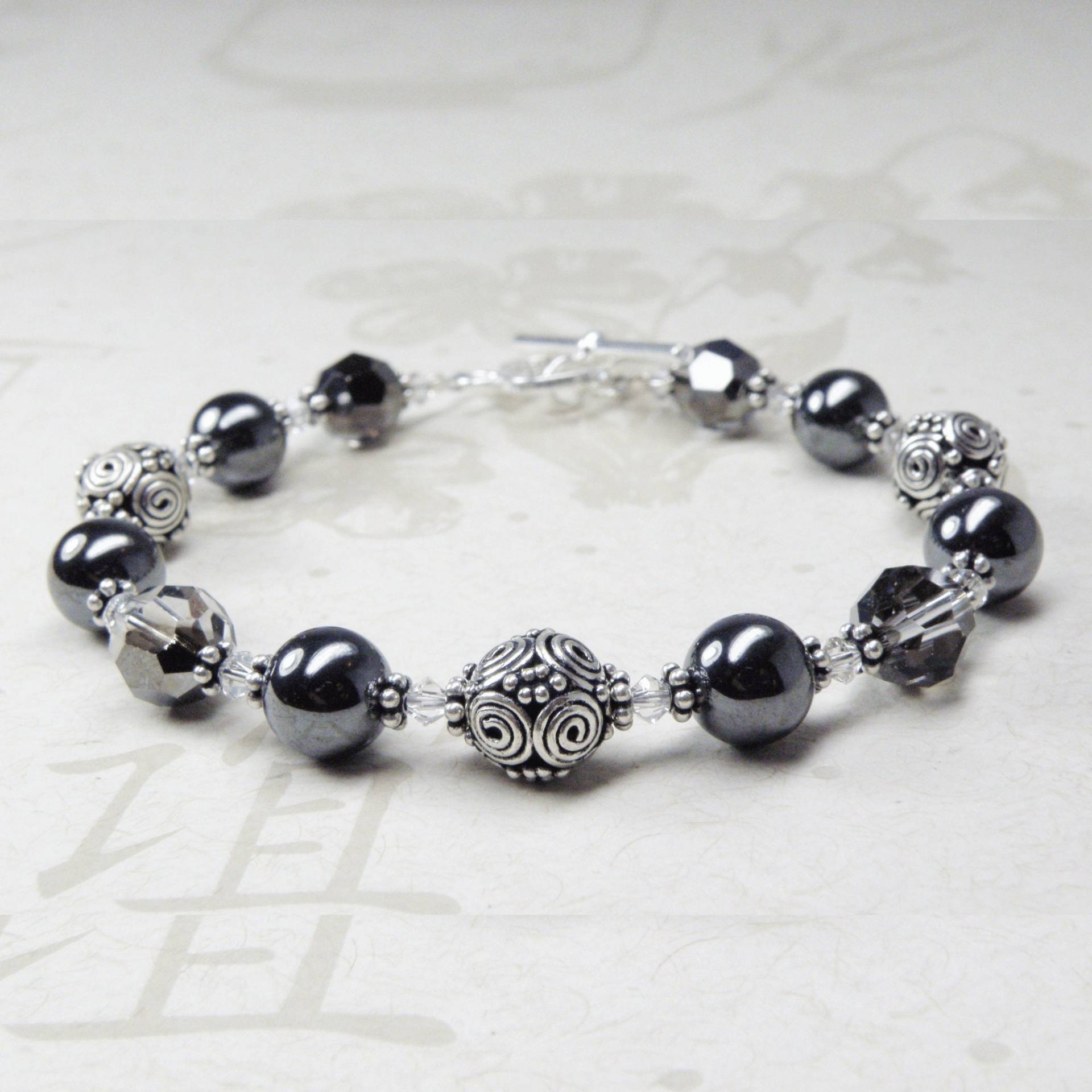 Hämatit Armband, Anthrazit Stein Bali Silber, Sterling Schmuck, Perlen Dunkelgrau Handgemachter Schmuck von fineheart