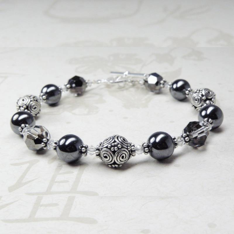 Hämatit Armband, Anthrazit Stein Bali Silber, Sterling Schmuck, Perlen Dunkelgrau Handgemachter Schmuck von fineheart