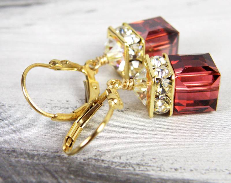 Leichte Granat Würfel Ohrringe, Gold Rot Orange Swarovski Kristall Baumeln Gebranntes Kurzer Tropfen Januar Geburtstagsgeschenk Für Frauen von fineheart