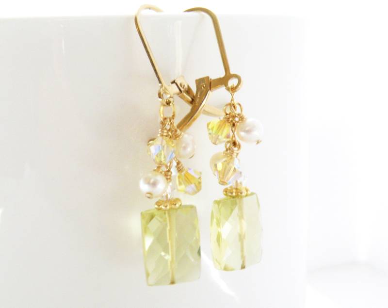 Lemon Quarz Ohrringe, Sterling Silber Oder Gold Filled, Gelber Quartz Quadrat Edelstein, Weiße Süßwasserperlen, November Geburtstag Geburtsstein von fineheart