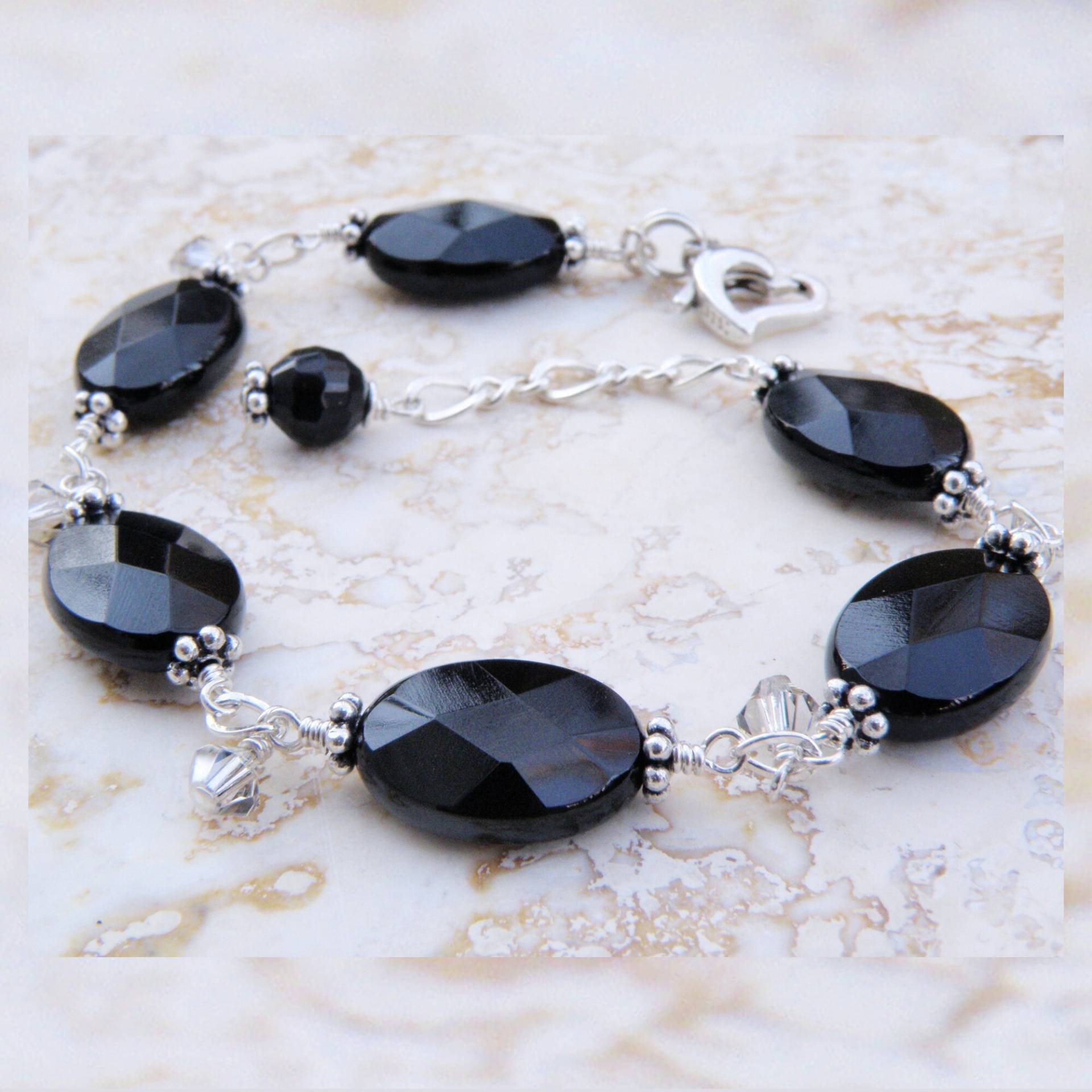 Natürlicher Schwarzer Onyx Stein Armband in Sterling Silber Oder Gold Filled, Ovale Schwarze Edelstein Kette Und Link Schmuck, Herbst Winter Mode von fineheart