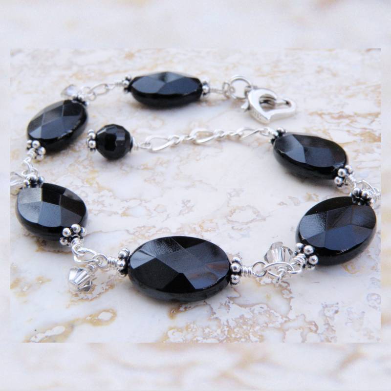 Natürlicher Schwarzer Onyx Stein Armband in Sterling Silber Oder Gold Filled, Ovale Schwarze Edelstein Kette Und Link Schmuck, Herbst Winter Mode von fineheart