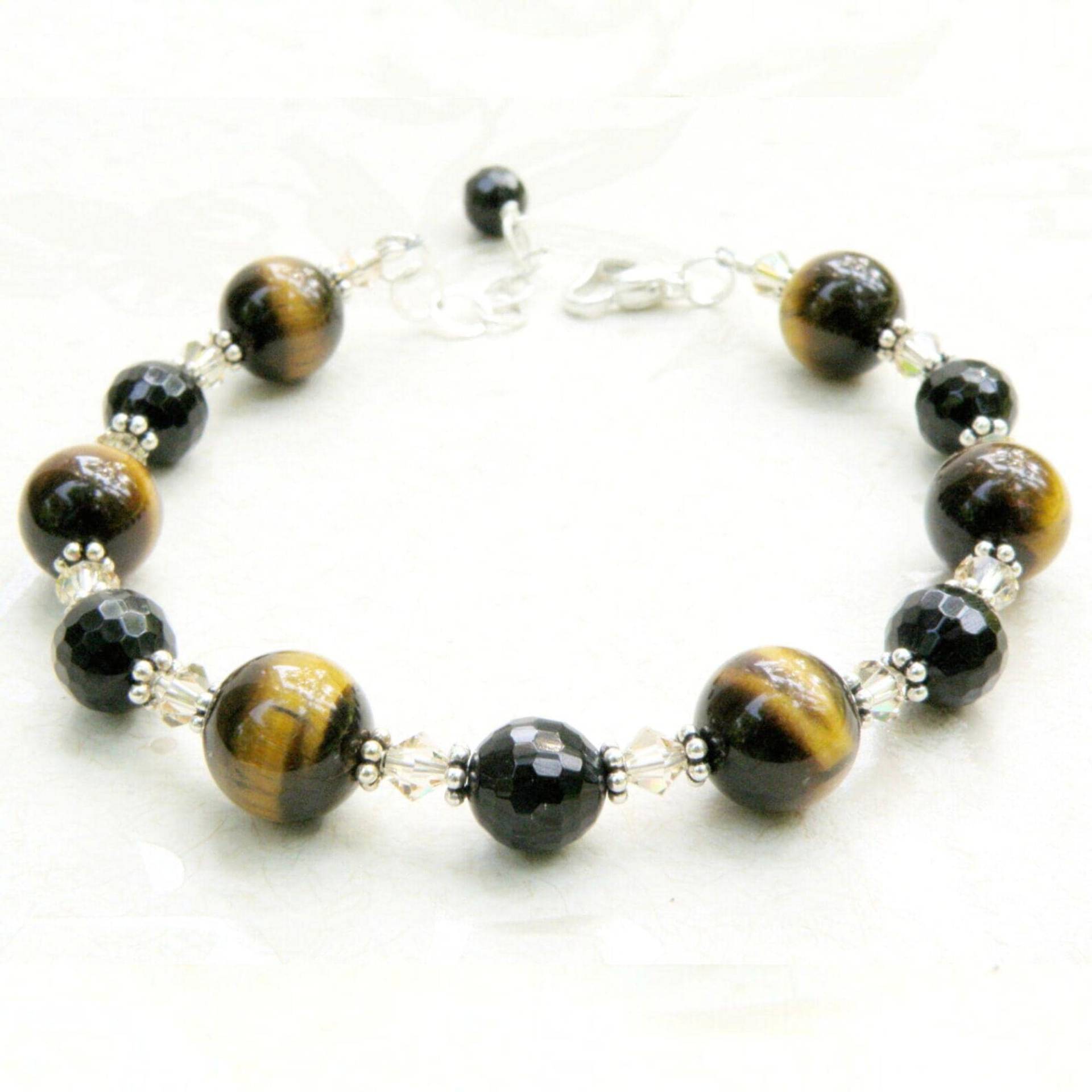 Tigerauge Stein Armband, Onyx Edelstein, Sterling Silber, Herbst Perlen Casual Alltagsschmuck, Braun Armband Geschenk von fineheart