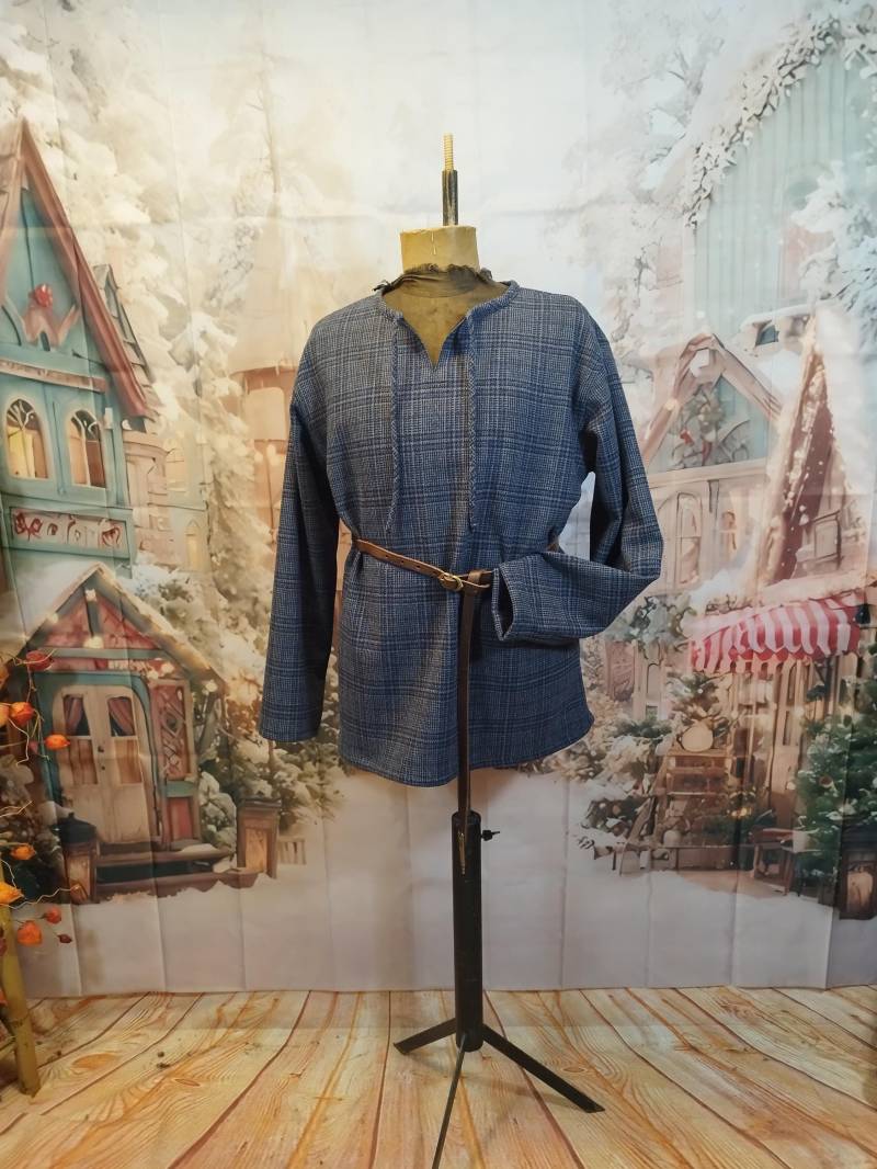 Hemd Aus 100% Wolle Blau-Grau Kariert, Mittelalter, Wikinger Wolle, Winter Alternativ Larp, Sca, Fantasy von finsterbuschkleider