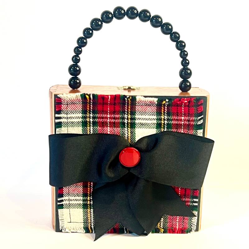 Tartan Plaid Handtasche Mit Übergroßer Schleife, Urlaub Weihnachten Party Geldbörse, Rot Und Schwarz Zigarrenkiste Geldbörse Perlengriff von fiorelladesigns