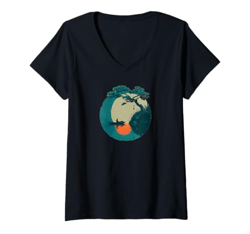 Damen Fisherman Fishing sitzt unter einem Baum Zeichnung T-Shirt mit V-Ausschnitt Damen Fisherman Fishing sitzt unter einem Baum Zeichnung T-Shirt mit V-Ausschnitt von fishing by guntah