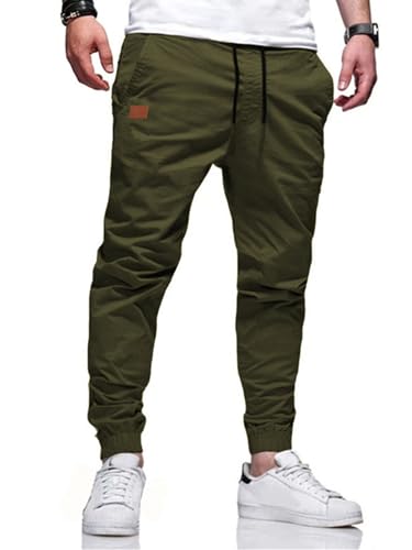 fit space Chino Hosen Herren Cargohose Baumwolle Jogginghose Männer Freizeithose mit Kordelzug Casual Trainingshose Sporthose Lang mit Taschen Bündchen Sweatpants Armeegrün XL von fit space