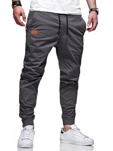 fit space Chino Hosen Herren Cargohose Baumwolle Jogginghose Männer Freizeithose mit Kordelzug Casual Trainingshose Sporthose Lang mit Taschen Bündchen Sweatpants Grau 2XL von fit space