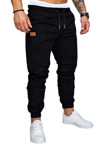 fit space Chino Hosen Herren Cargohose Baumwolle Jogginghose Männer Freizeithose mit Kordelzug Casual Trainingshose Sporthose Lang mit Taschen Bündchen Sweatpants Schwarz 2XL von fit space