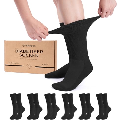 fitfets Diabetikersocken für Damen & Herren (6 Paar) - Ohne Gummibund & Naht, Baumwolle mit Frottiersohle & Komfortbund von fitfets