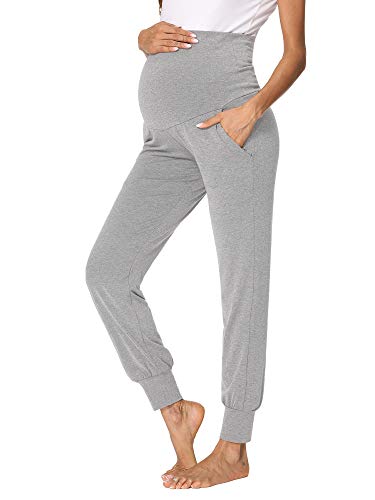 fitglam Damen Umstandshose Kleidung Pyjama über Bauch Schwangerschaft Must Haves Lounge Hose Jogger mit Taschen, Meliert, Grau, S von fitglam