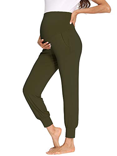 fitglam Damen Umstandshose über dem Bauch, Lounge-Pyjama, Kleidung, Schwangerschaftsmust-Haves, Jogginghose mit Taschen, Oliv/Blatt für mich (Leaf It to Me), M von fitglam