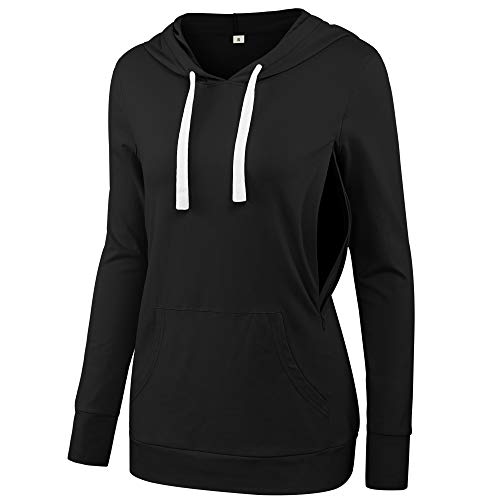 fitglam Damen Umstandsmode Stilltops zum Stillen Seitlicher Reißverschluss Hoodie mit Taschen Lange Ärmel Schwangerschaft Sweatshirt - Schwarz - Groß von fitglam