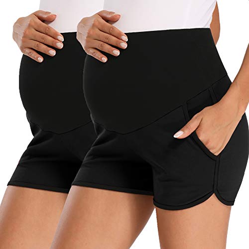 fitglam Damen Umstandsshorts Lounge Sport Yoga Schwangerschaft Kurze Hose mit Taschen, 01 Schwarz/Schwarz, XX-Large von fitglam