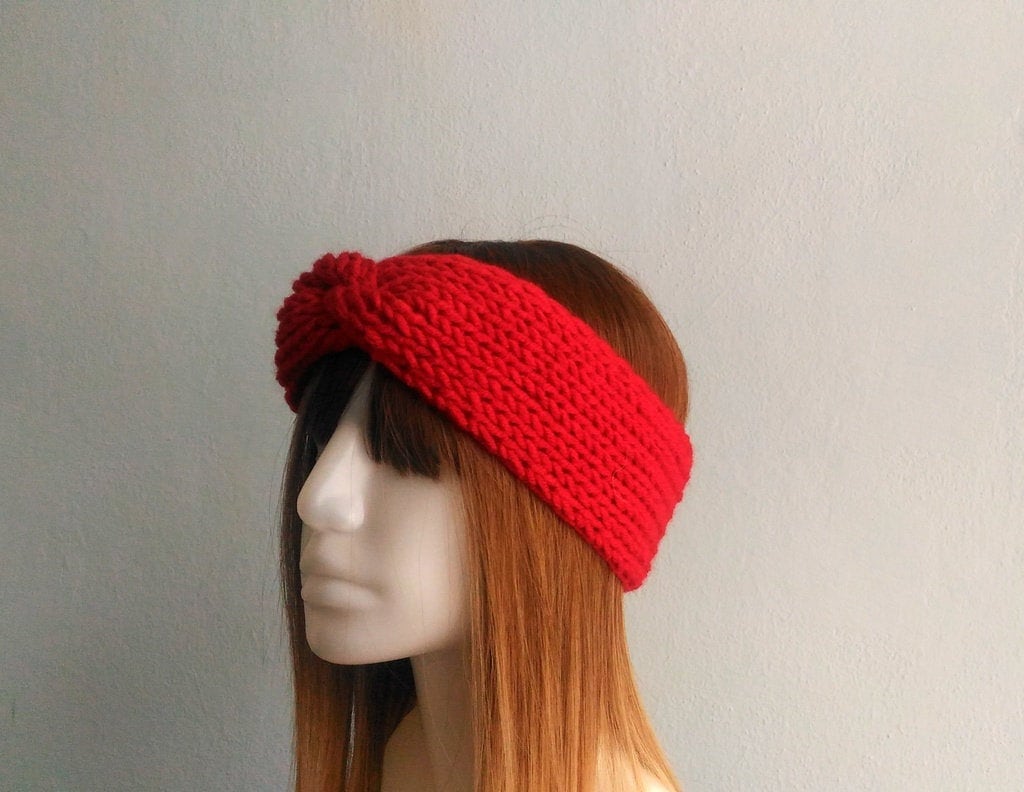 Grobstrick Turban Twisted Stirnband, Handgestrickte Ohrenwärmer in Rot, Winter Frauen Rot Ohrwärmer von fizzaccessory