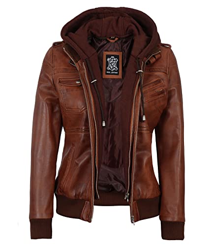 FJackets Damen Lederjacke – Echtes Lammksin Leder Bomberjacke Damen mit abnehmbarer Kapuze, Edinburgh Cognac Lederjacke Damen, S von fjackets