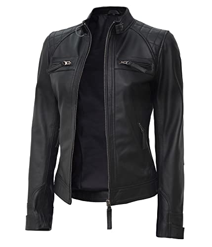 FJackets Echtlederjacke für Damen, Cafe Racer, schmale Passform, Stehkragen, Damen-Motorradjacken, Johnson Lederjacke für Damen, Schwarz, XXL von fjackets