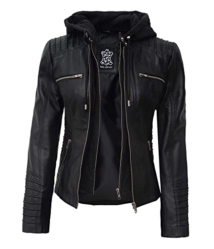 fjackets Damen-Lederjacke – echte Lambksin-Bomber-Lederjacke für Damen mit abnehmbarer Kapuze, Helen Kapuzenjacke aus Leder, Schwarz, Small von fjackets