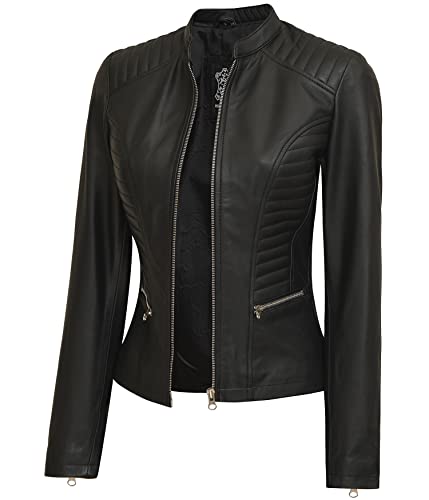 fjackets Echtlederjacke für Damen, Cafe Racer, schmale Passform, Stehkragen, Damen-Motorradjacken, N185 Lederjacke für Damen, Schwarz, L von fjackets